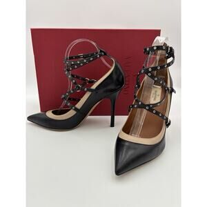 Valentino Love Lock Heels Black Beige Mary Jane Rivet Ankle Strap Size 38.5 8.5